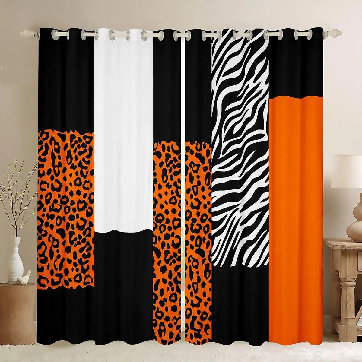 Leopard Zebra Animal Print Blackout Curtain Zebra Leopard Stripes Window Curtains Orange Black Darkening Drapes Geometric Striped Window Treatments,2 Panels