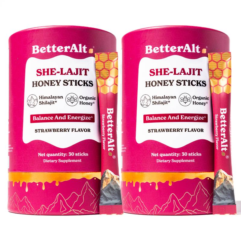 2 Packs of Women Multi-Mineral Honey Sticks | BetterAlt SHE-Lajit Strawberry Flavor | Shilajit, Shatavari & Saffron | Hormonal Balance & Energy - 60 Honey Packs