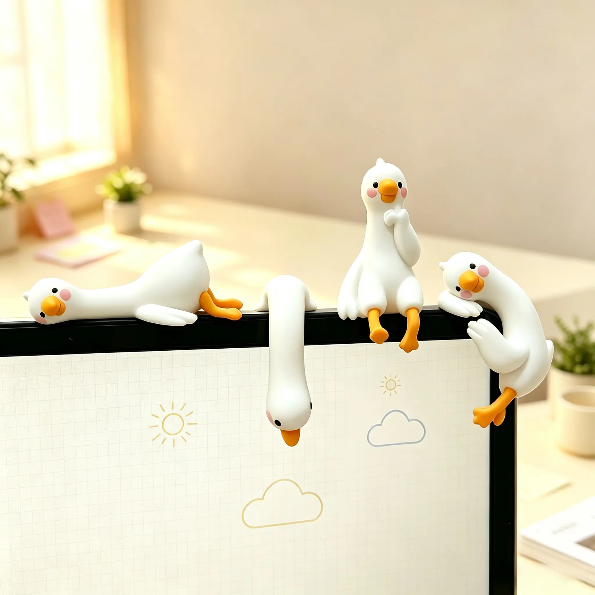 Cute White Duck Monitor Topper Decor, Funny Epoxy Drop Glue Resin Duck Desk Ornament, Stress Relief Office Desk Accessory for Monitor Shelf Car Dashboard