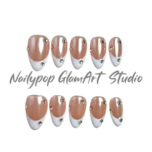 Nailypop 10 PCS Short Almond Chrome Nails with Diamonds White Pearlescent Shimmer Poly Extension Gel for Weddings & Special Occasions Fall 2025 Sparkly Rhinestones Included