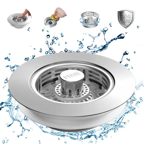 3-in-1 Combo Stainless Steel Kitchen Sink Strainer-Stopper (US Std 3-1/2 in Fitment), Robust All-Metal Shell, 1 Spring-Loaded Smooth Handle Rod, Anti-Scratch Clog Prevention, Durable Home Improvement Accessory, Easy Empty, Black