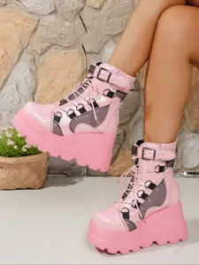 Cool Thick Rubber Sole Women Boots with Metal Buckle Strap and Studs, Street Style Essential, Trendy Stylish Footwear for Casual Wear