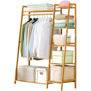 Durable Natural Bamboo Freestanding Garment Rack - Multi-Tier Storage Shelves, Shoe Rack, Decorative Clothes Coat Hanger Organizer for Bedroom, Entryway, Space-Saving, 43.3x15.7x55.1 in