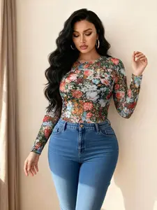 Women's Floral Mesh Long Sleeve Top, Transparent Slim Fit Layered Shirt, Casual Fashion Chic Blouse for Spring & Fall