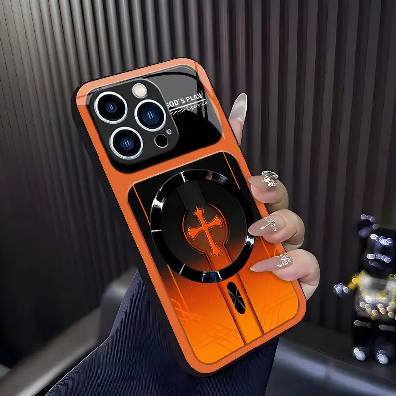 Luxury "God's Plan" MagSafe Smartphone Case, Metallic Gothic Cross Design for iPhone 14 Pro, Handheld Cellphone Protection for Electronic Devices 952
