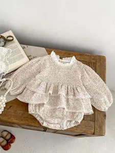 Newborn Baby Girl Spring & Fall, Toddler Outfit, Cotton Linen Long Sleeve Romper Dress, Floral Print Two-Layer Design, Comfortable All-In-One, Baby Clothes Girl