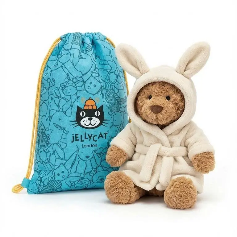 Jellycat Plush Bunny Bathrobe Teddy Bear Soft Stuffed Animal Gift with Official Jellycat Drawstring Bag