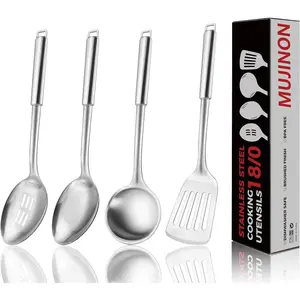 18/0 Stainless Cooking Utensil Set, Ergonomic Handle, Dishwasher Safe, Slotted Spoon, Ladle, Turner, Serving Spoon for Housewarming Daily Use, Pack of 4