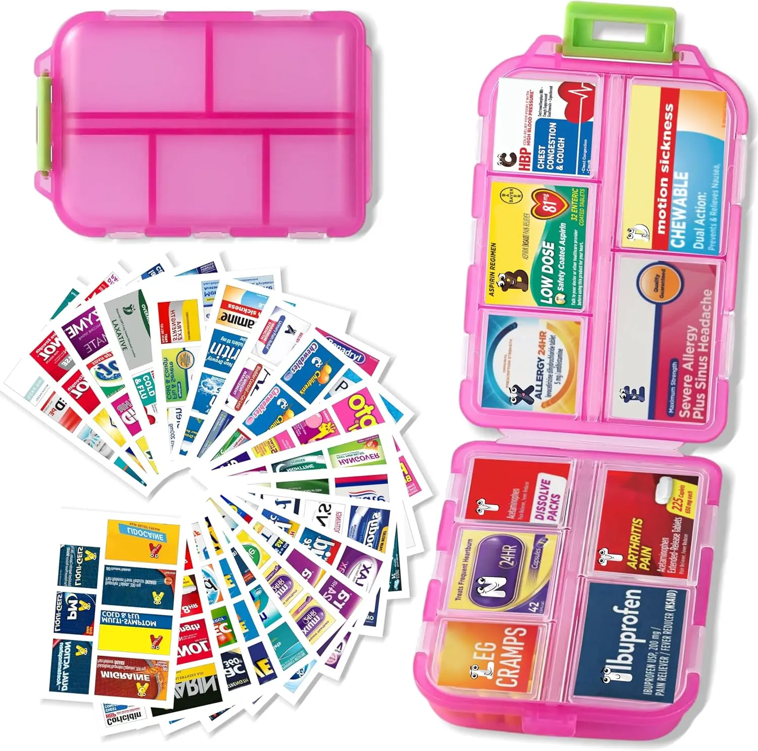 Healthcare 10-Compartment Pill Organizer, Compact Pink Daily Travel Pill Case with 161 Medicine Labels for 7-Day Vitamins & Supplements Planning
