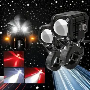 2Pcs LED Motorcycle Auxiliary Lights, High/Low Beam & Explosive Flash Modes, 3-Color Changing (Yellow/White/Red), Universal Off-Road Driving Lights(FS)