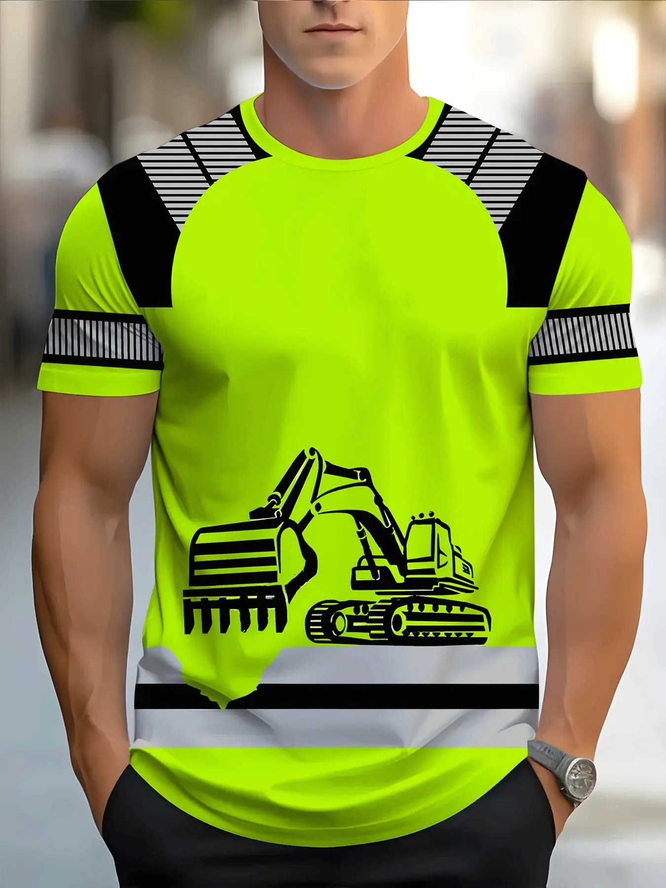Men's Heavy Equipment Operator T-Shirt, Print, Streetwear, Blue and black neon color construction worker workwear, featuring patterns of excavators, Lightweight summer workwear, suitable as a gift for construction workers and heavy operators