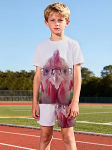 Funny Glasses Rooster Print Two-Piece Short-Sleeve and Shorts Set, 100% Polyester Casual Loose Set, Summer Fun Print Pattern, Outdoor Sports T-shirt Set, Perfect Gift for Boys