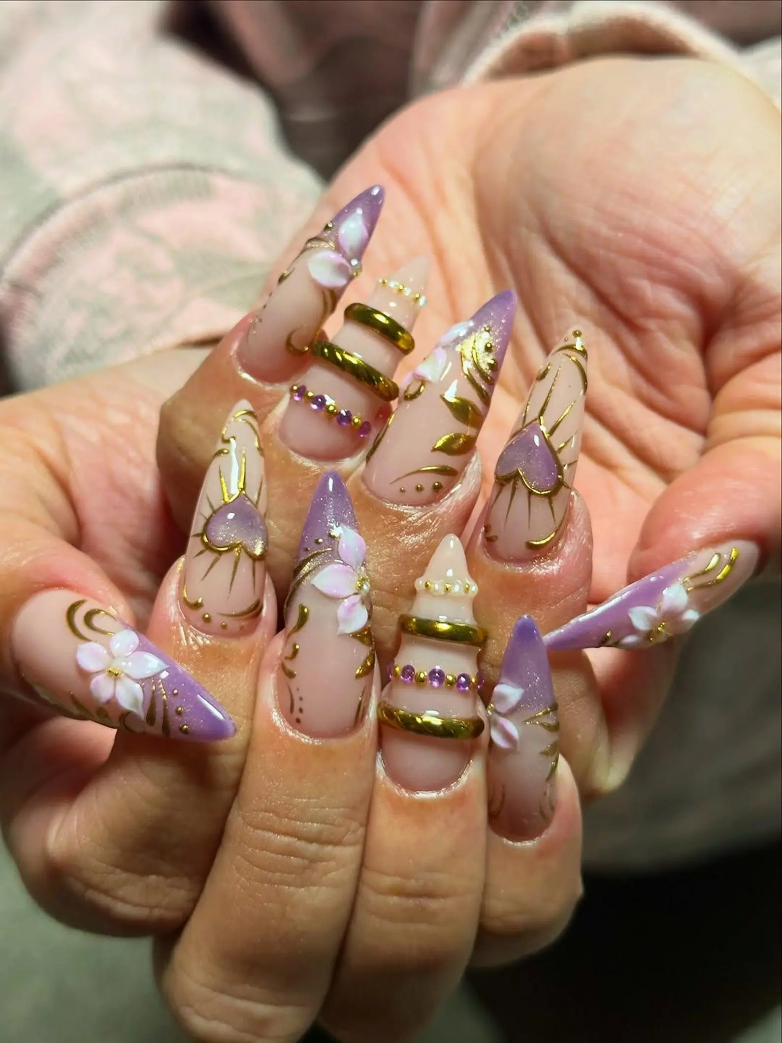 Purple Ombre Press On Nails, 3D Tangled Flower Gold Sun Fake Nails, Princess Luxury Nail Set