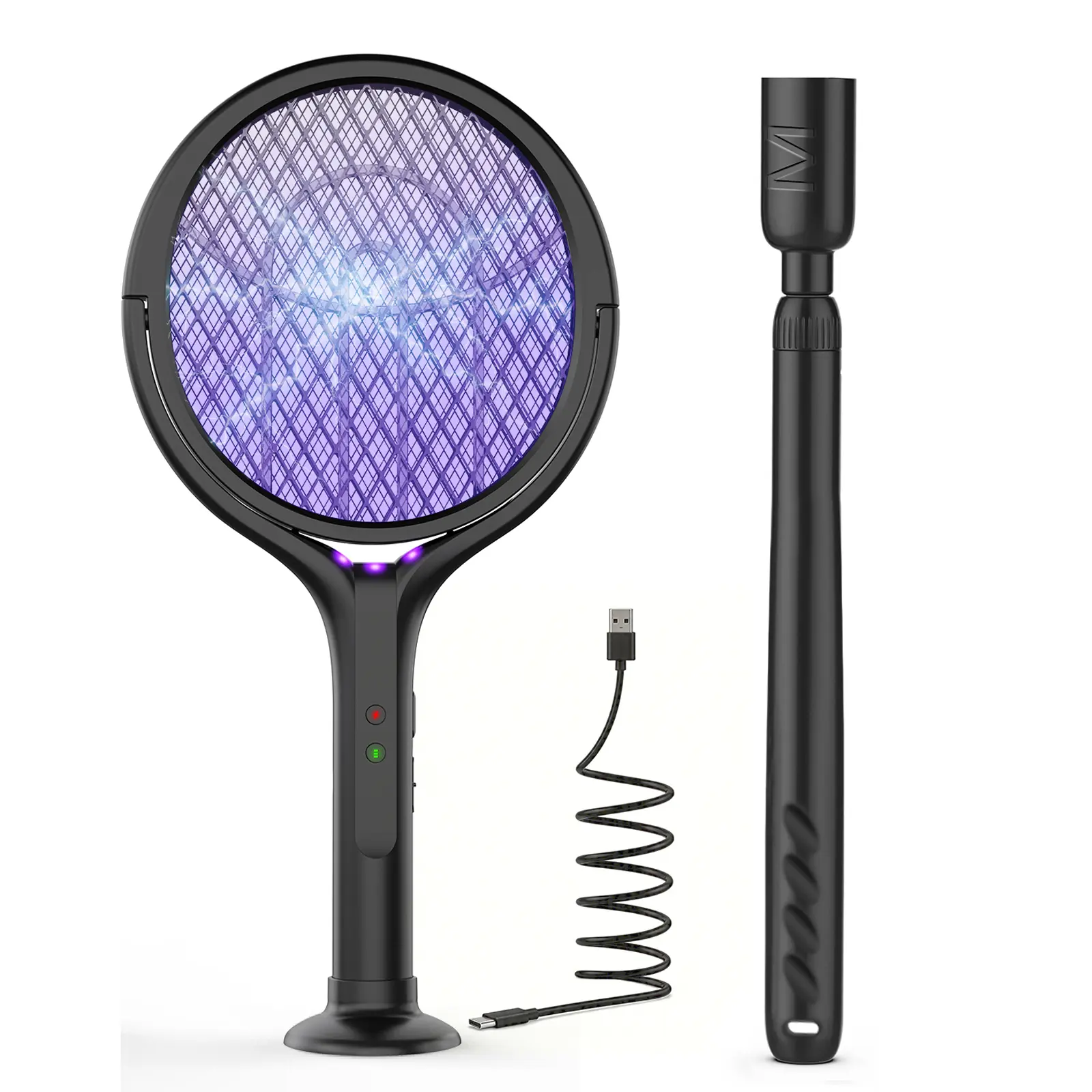 4000V Electric Fly Swatter Racket with 17–27.4in Extension Rod and  Base, 1800mAh Smart Bug Zapper, Powerful Mosquitoes Trap Lamp & Fly Killer with 3-Layer Safety Mesh for Home, Bedroom, Kitchen, Patio