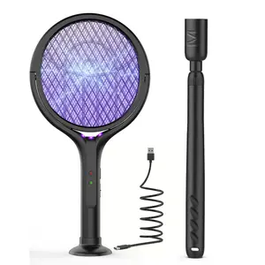 4000V Electric Fly Swatter Racket with 17–27.4in Extension Rod and  Base, 1800mAh Smart Bug Zapper, Powerful Mosquitoes Trap Lamp & Fly Killer with 3-Layer Safety Mesh for Home, Bedroom, Kitchen, Patio