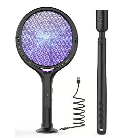 Cordless 2-in-1 Electronic Mosquito Swatter Zapper (1 Pack, 1 Pcs with Extension Rod) - 4000V Grid, 17-27.4in Rod, 1800mAh Lithium Ion Battery, Base, 3-Layer Safety Mesh, Trap Lamp, Attracts & Terminates Mosquitoes for Home, Patio Bug Control