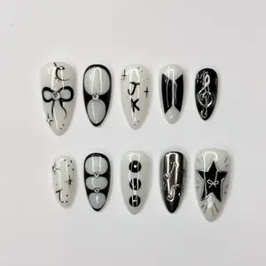 JungKook Inspired Black & White Nails | Kpop JK Solo Era Press Ons | Y2K Star and  Bow Nails | Musical Note Gothic Press Ons | JC364IC LOE6FF