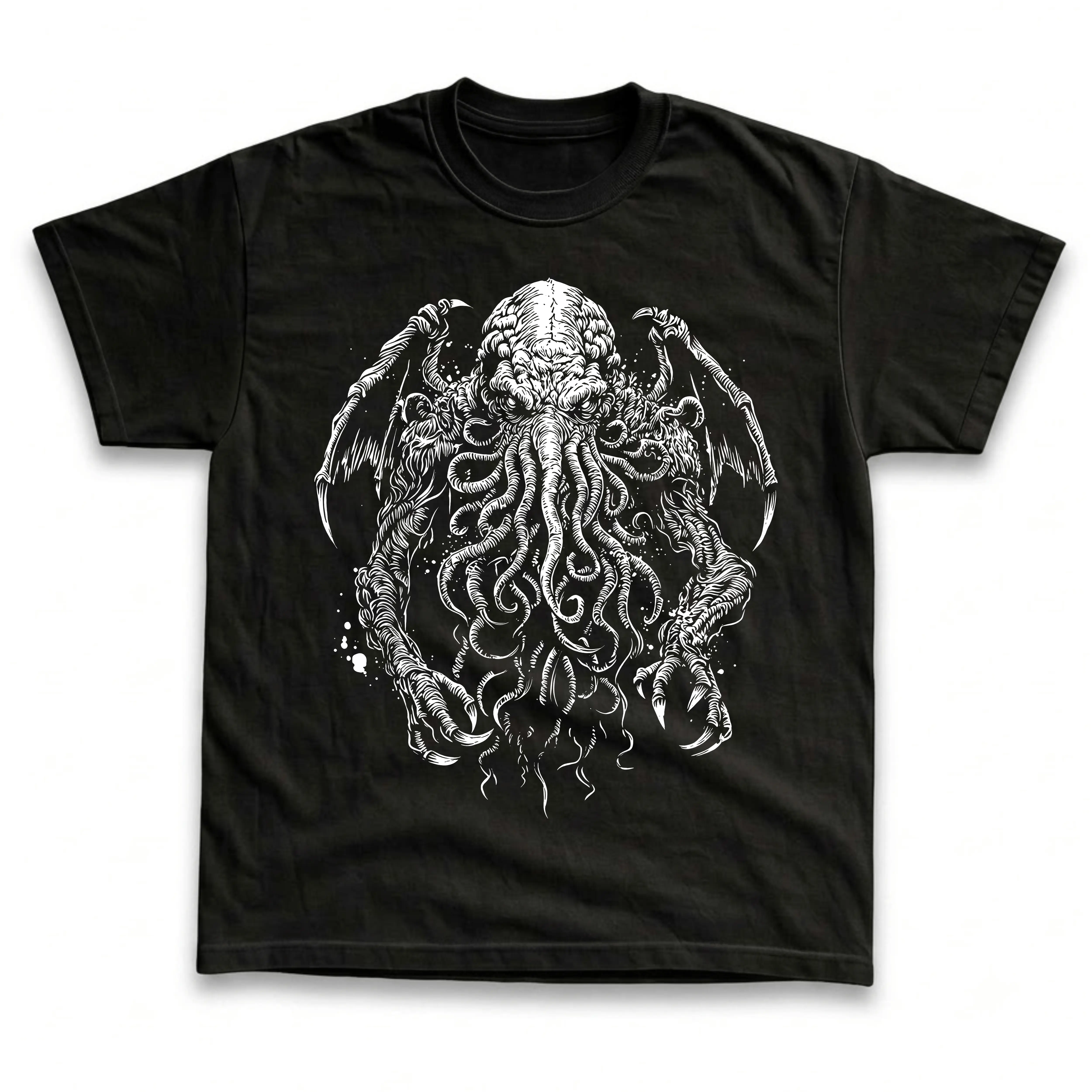 Men's and Women's T-Shirt, Vintage The Call of Cthulhu Graphic Tee, HP Lovecraft Cosmic Horror Novel, Eldritch Tentacle Monster, Octopus Head Bat Wings Claws Line Art, Spooky Halloween Outfit, Retro Grunge Streetwear, Gothic Aesthetic, Fan Gift