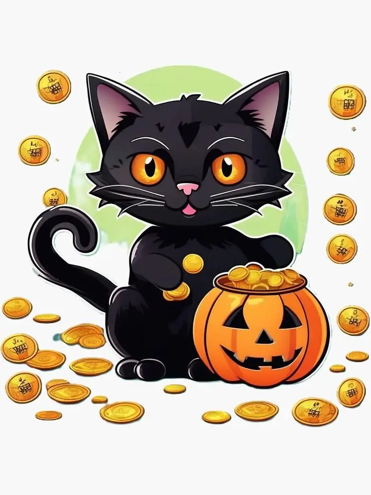 Cartoon Black Cat Plays on Halloween Sticker - Cute Spooky Vinyl Decal for Smartphone & Laptop
