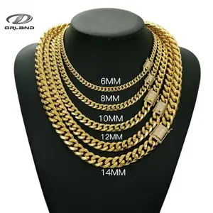Oran Cuban Link Necklace, crafted from stainless steel with K-gold vacuum nano-plating and featuring a unique clasp adorned with cubic zirconia. Chain width: 6–14 mm, Length: 16-30 inches. Hypoallergenic, with a heavy, rugged texture.amelia necklace