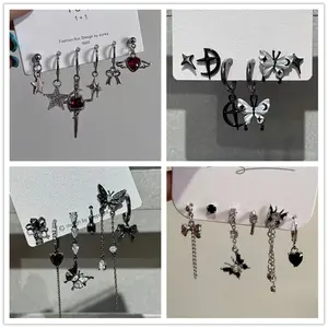 Set Goth Black Crystal Star Black Butterfly Dangle Earring For Women Girl Vintage Aesthetic Jewelry Accessories