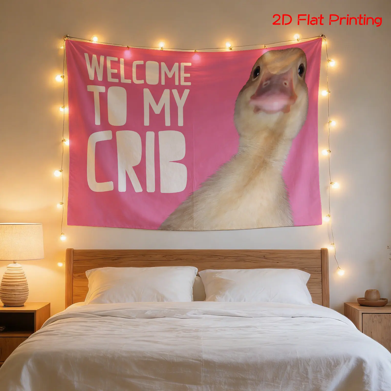 Woven Tapestry - High-Definition Digital Print Adorable and Fun Baby Duck Portrait on Pink Background with "Welcome to My Crib" Text, Bedroom Decor Fun Art for Baby Shower Room Art, Indoors