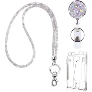 Retractable ID Badge Holder with Bling  Strap Lanyard, Bling Badge Reel with Clear Card Holder for Office Worker Teacher  ()