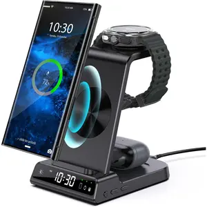 Charger for   Station with Clock for  Galaxy S25 Ultra/S24 Ultra/Z Flip 6/5/Fold 5/Bud, 3 in 1 Android  Station, Watch Charger for  Galaxy Watch 7/6/5Pro