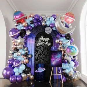 Galaxy Space Balloon Garland Kit 140Pcs Purple Blue Black Outer Space Astronaut Moon & Star Diy 4D Planet Balloons For Girl Two The Moon Birthday Decorations Kids Party Supplies