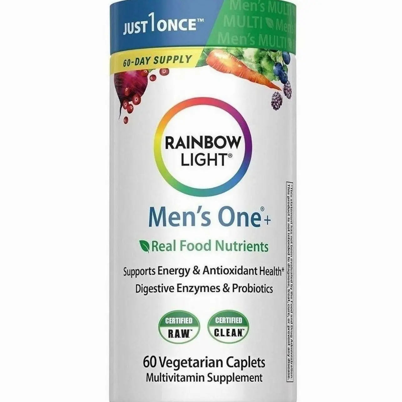 Rainbow Light Mens Multivitamin One + | 60 Caplets | Supports Energy & Antioxidant Health | with Real Food Nutrients, Digestive Enzymes & Probiotics