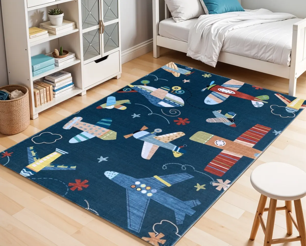 212 MAIN Machine-Woven Stain-Resistant Polyester 8x11 ft. Juvenile Style Rectangle Area Rug - Red & Orange Den Playroom Airplane Rug for Kids