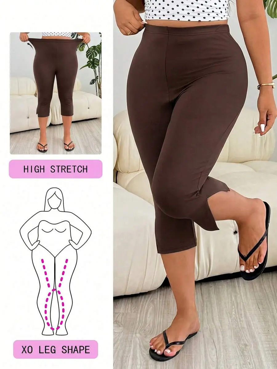 SLAYAURA Chocolate Brown Plus Size Women's Capri Leggings, Spring/Summer Clothes
