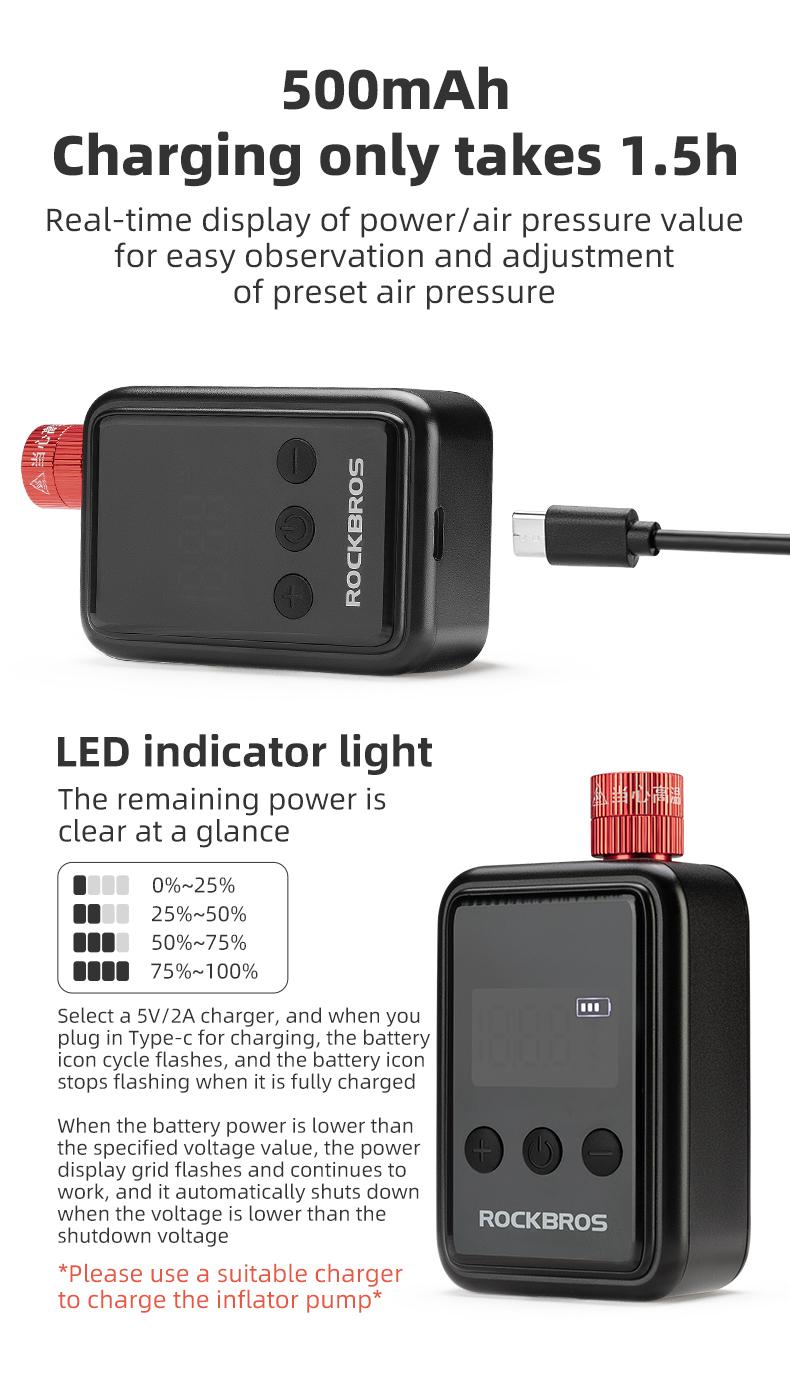 ROCKBROS Mini Bike Pump Electric 150PSI Auto-Shutoff Air Pump with Presta and Schrader Valve
