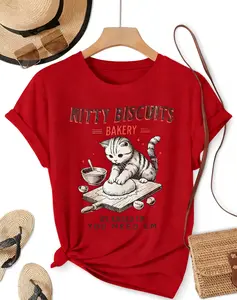 Women'S Elegant Graphic T-Shirt - Kitty Biscuits & Bakery Design with Tabby & Cupcake Print, Soft Fabric Round Neck Short Sleeve Top, Spring Summer Fall Casual Retro Style , Seasonal Fashion, Playful Design, Comfortable Fit