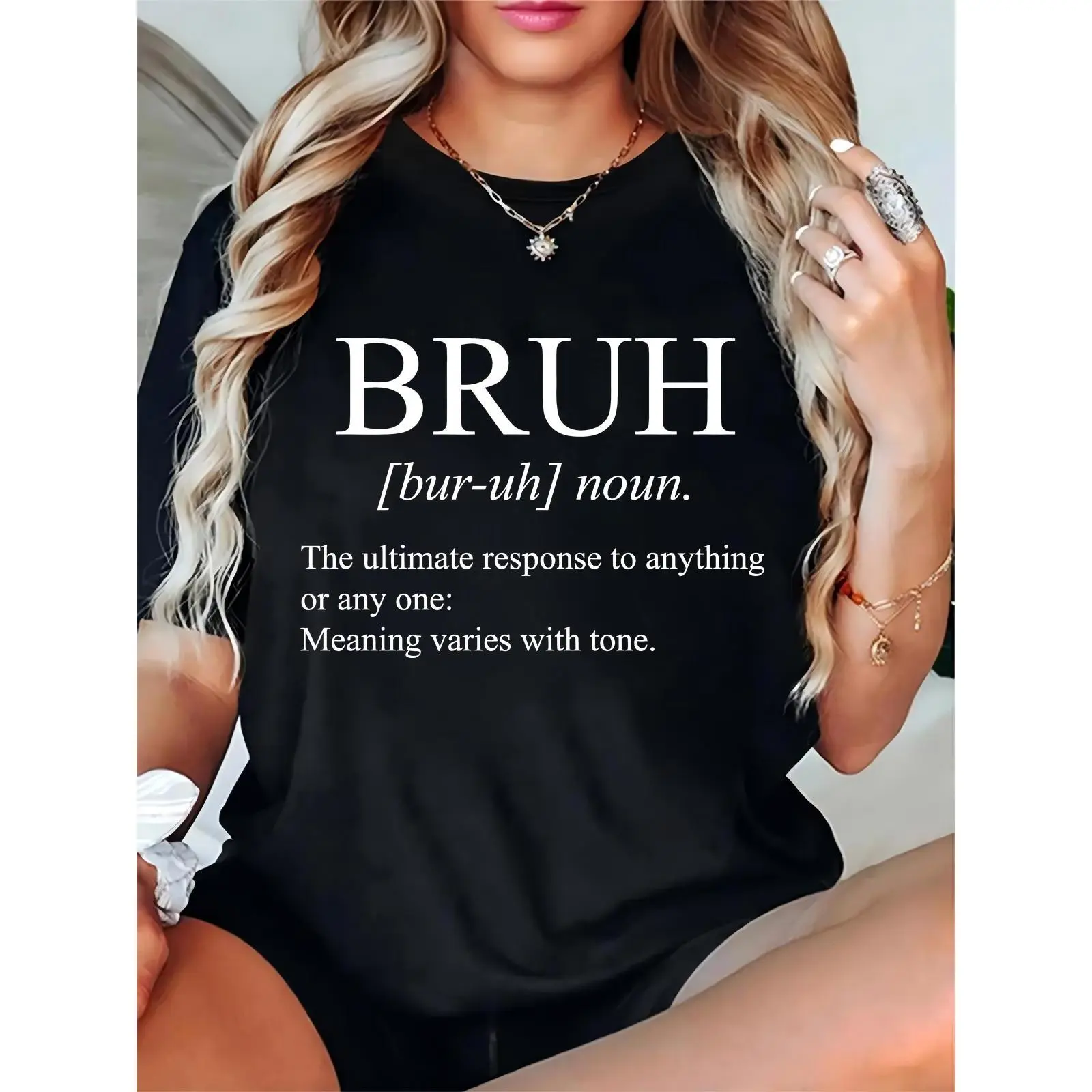 Women's BRUH [bur-uh] Definition Graphic T-Shirt | Funny Slang Casual Tee with Noun Explanation, Perfect for Daily Wear, Gifts for Teens & Adults, Black