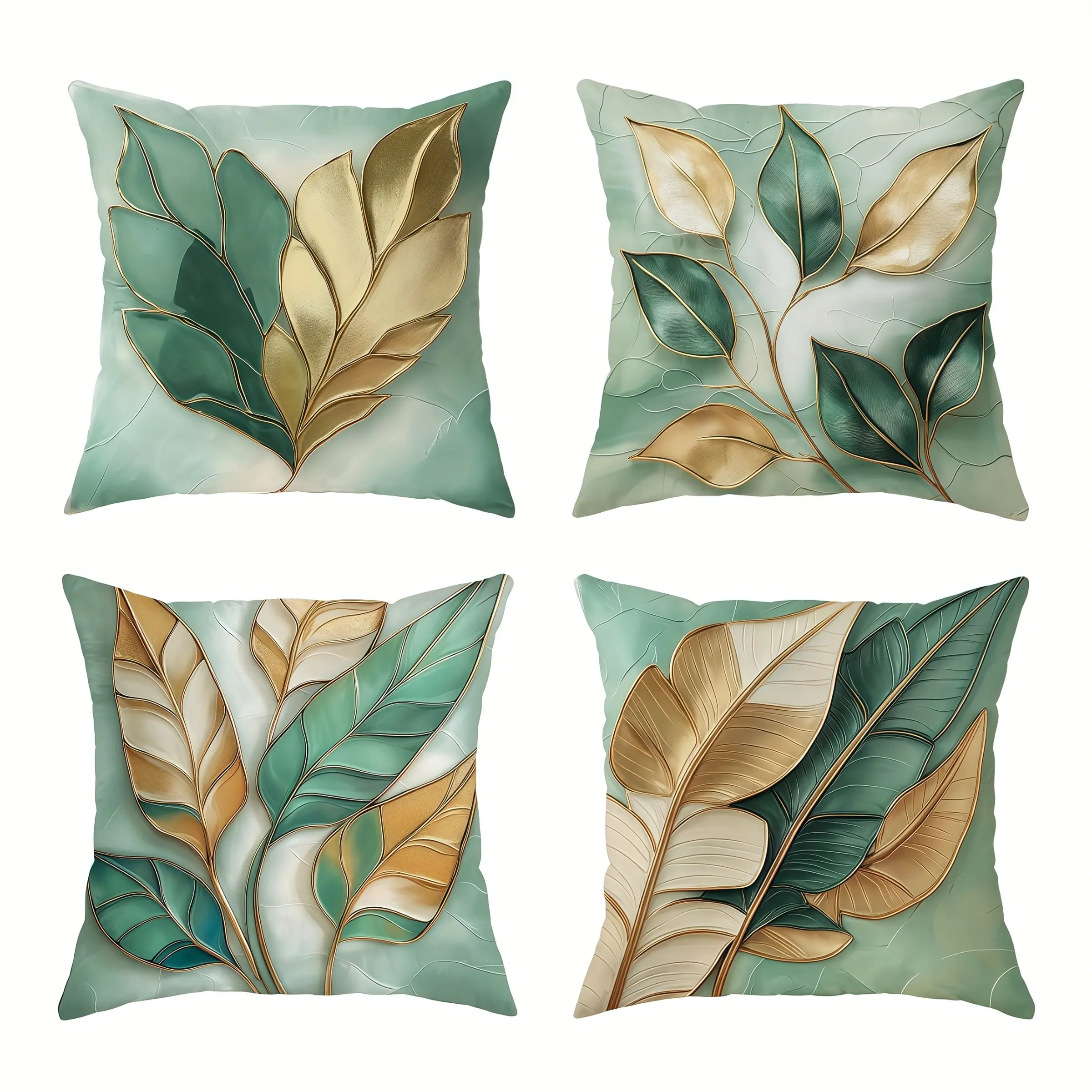 4pcs, Modern-Themed Throw Pillow Covers, Modern Sage Green and Golden Leaf Decorative, Suitable Spring Living Room, Bedroom, Sofa and Bed Decoration, Bedroom Decorative Accessories, Versatile Usage, 2D Flat, Single Sided Printing, No Pillow Core