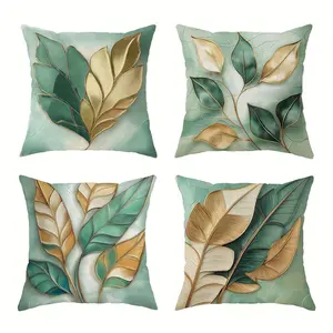 4pcs, Modern-Themed Throw Pillow Covers, Modern Sage Green and Golden Leaf Decorative, Suitable Spring Living Room, Bedroom, Sofa and Bed Decoration, 2D Flat, Single Sided Printing, No Pillow Core
