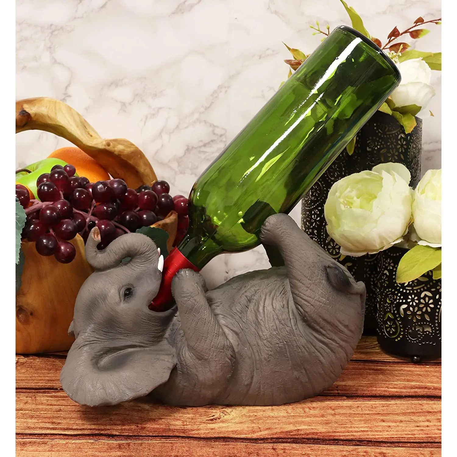Ebros Kitchen Decor Safari Savannah Elephant Pachyderm Wine Oil Bottle Holder Figurine
