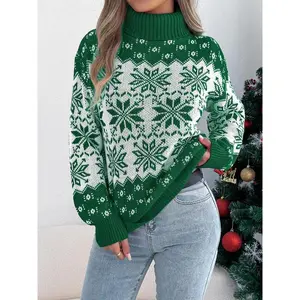 Women’s Christmas snowflake print drop-shoulder sweater, casual long-sleeve high-neck jumper for autumn and winter, women’s knitwear for everyday wear