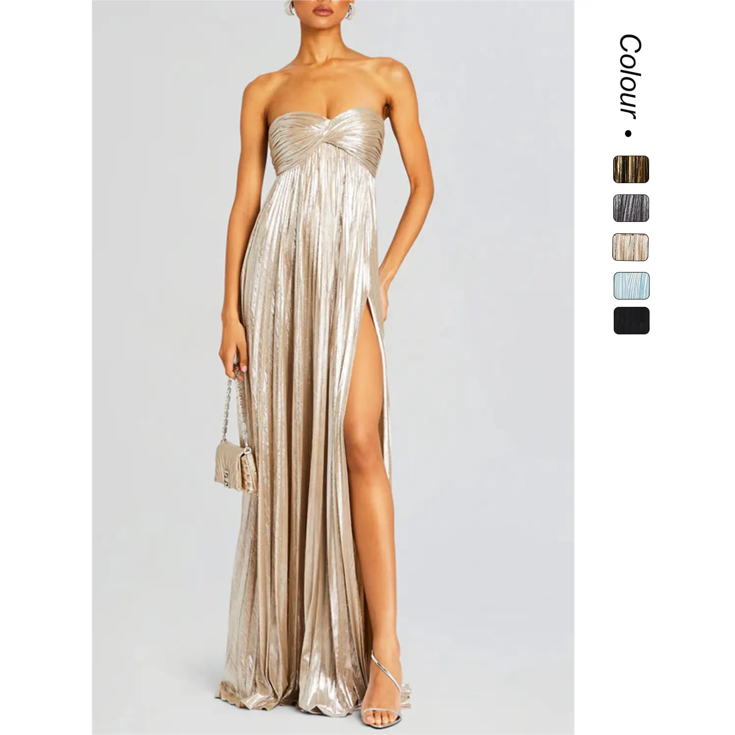 Twist Front Strapless Metallic Pleated Maxi Gown High Thigh Side Slit Full Lined Anti-Sheer Women Formal Wedding Guest Evening Cocktail Gala Floor Length Prom Dress