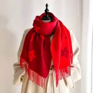 Chinese Red New Year Imitation Cashmere Scarf Women's Winter Festive Red Thickened Warm Neck Scarf with Fringe for Festive Wear