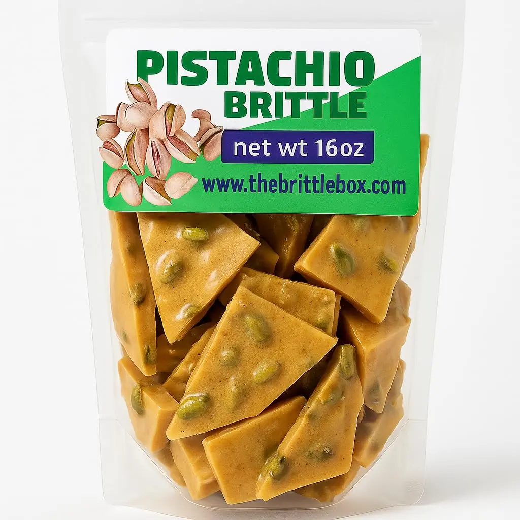 Pistachio Brittle 1 Pound Bag – Handmade Candy with Roasted Pistachios – Small Batch, Gourmet Brittle by The Brittle Box Candy Co – Individually Packed Pieces – Crunchy & Sweet Pistachio Treat