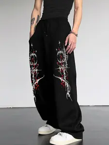 1 Men's Black Edgy Graphic Wide-Leg Sweatpants, White & Red Thorn Motif Print, Drawstring Waist, Oversized Fit, Ideal for Casual Daily, Casual Outings & Urban Street Outfits