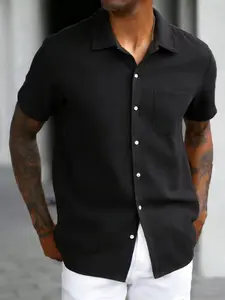 Men's Solid Color Short Sleeve Shirt, Summer Casual Comfortable Top, Daily Wear Men's Clothing, Loose-Fitting Plain Design