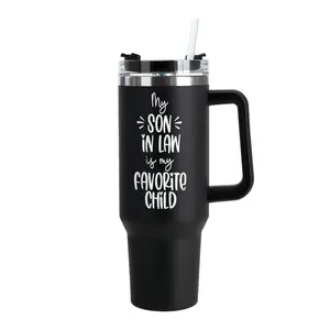 40oz Tumbler with Handle and Straw, Cute Son In Law Gift, White Aesthetic Travel Coffee Mug, Best Son In Law Ever Present, Kitchen Drinkware