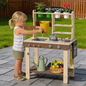 Seeutek Outdoor Mud Kitchen for Kids 3+ ， Wooden Play Kitchen with Real Sink & Faucet, Pretend Playhouse with Full Accessories & Storage
