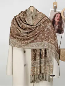 Women's Luxury Paisley Embroidered Shawl Scarf, Boho Style Shawl, Boho Jersey Hijab with Long Fringe, All Seasons Elegant Comfort Wrap