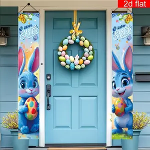 Easter Front Porch Banner, Spring Rabbit Theme Party Decoration, Polyester Door Couplets for Outdoor & Indoor Use, Home Background Decor