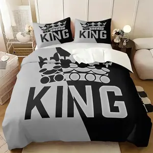 2/3Pcs King Crown Duvet Cover Set, Soft Microfiber Comforter Cover, Black Grey Digital Print Bedding Set with Pillowcases, Modern Quilt Cover for Men Boys Bedroom, All Season Duvet Cover Set