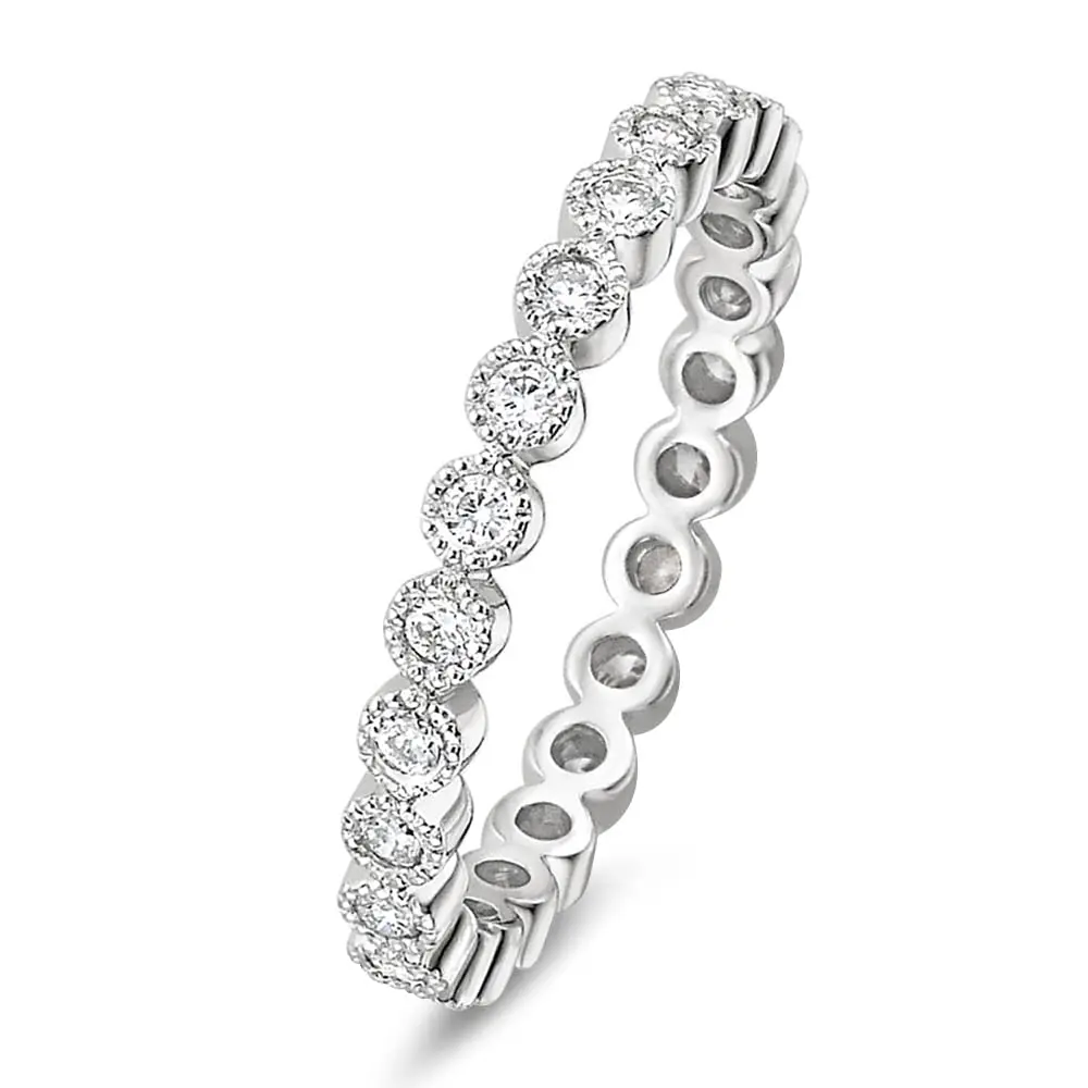 EAMTI 2mm 925 Sterling Silver Wedding Band Cubic Zirconia Half Eternity Stackable Engagement Ring